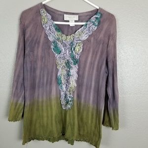 Nature Art Purple Green Lace Embellished Top L